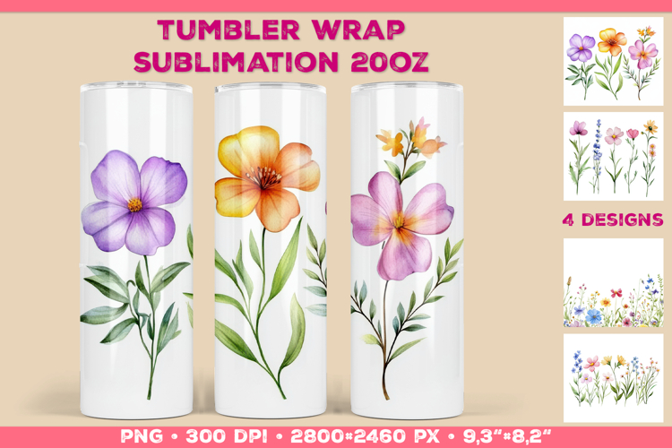 Tumbler Wrap Sublimation Design with Watercolor Wildflowers