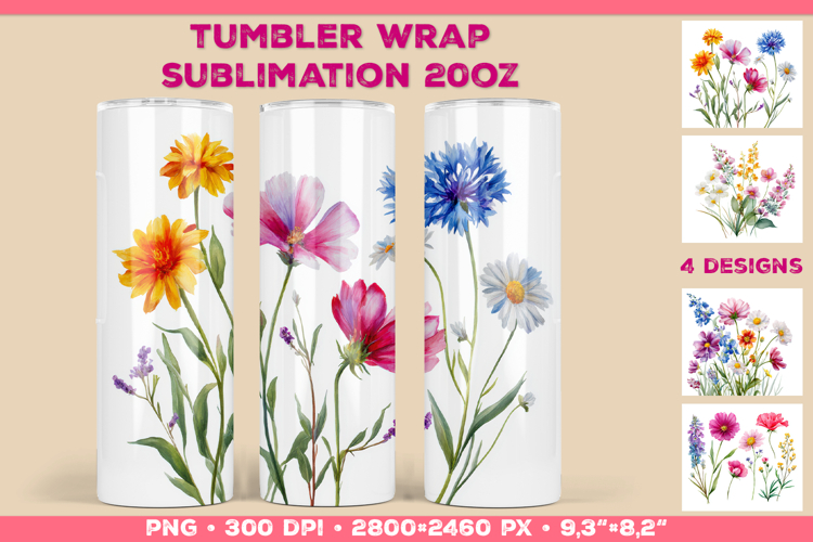 Tumbler Wrap Sublimation Design with Watercolor Wildflowers