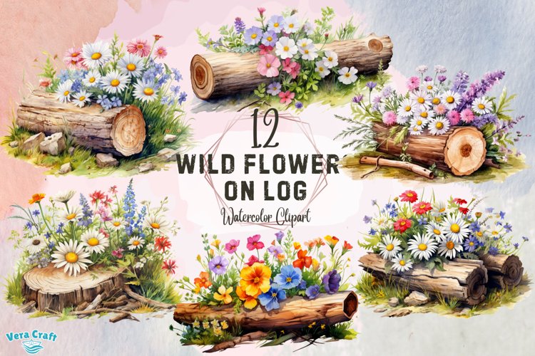 Wildflowers On Log Watercolor Clipart - 12 Variations example image 1