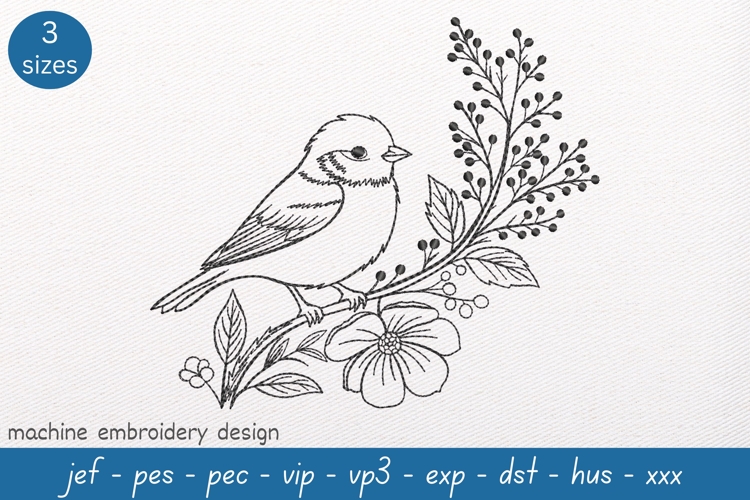 Sparrow on Branch Embroidery Design: Wildlife Sketch Pattern