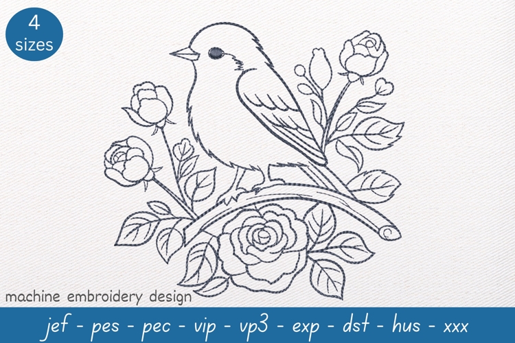 Rose Branch Embroidery Design: Wildlife Sketch Pattern
