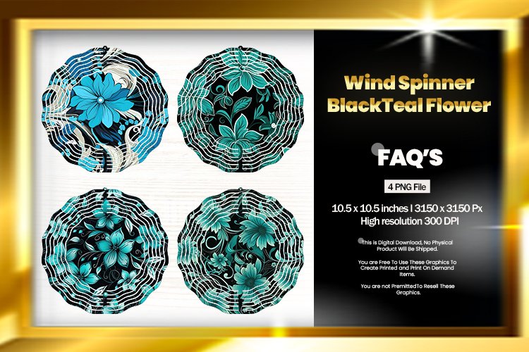 Teal Flower Wind Spinner Sublimation Design - 04 Variations