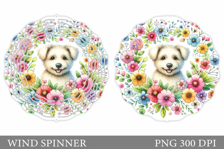 Cute Dog Wind Spinner Design. Dog Flowers Wind Spinner