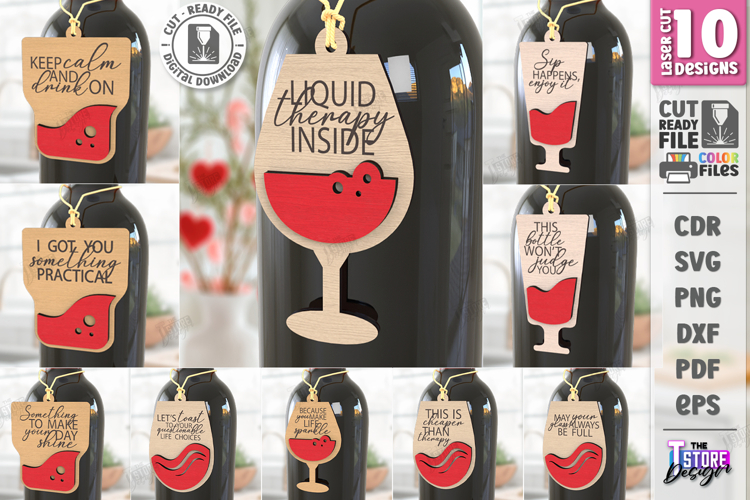 Wine Bottle Tags Laser Cut Bundle|Hanging Card Tags|Fun SVGs
