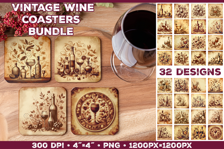 Vintage Drink Square Coasters Sublimation Designs Bundle
