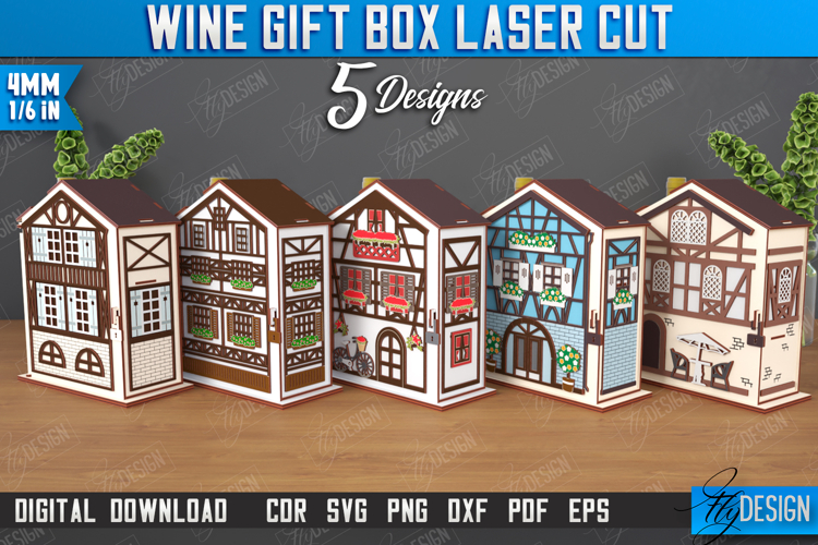 3D Wooden Wine and Treats Gift Box House Laser Cut Bundle