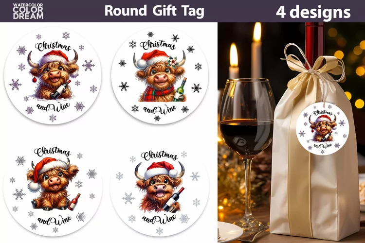 Christmas Highland Cow Gift Tags | Christmas Wine Gift Tag
