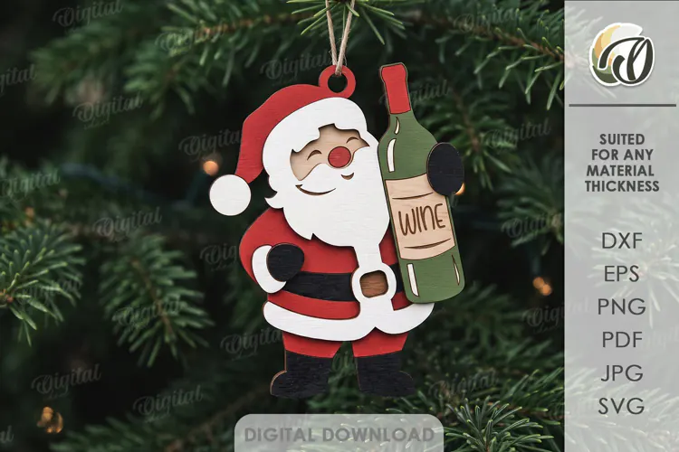 Wine Lover Christmas Ornament Laser Cut. Santa Claus SVG