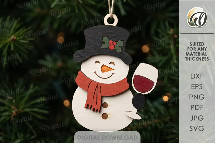 Wine Lover Christmas Ornament Laser Cut. Snowman SVG