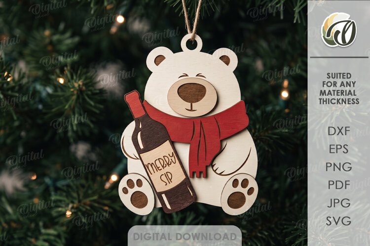 Wine Lover Christmas Ornament Laser Cut. Polar Bear SVG example image 1