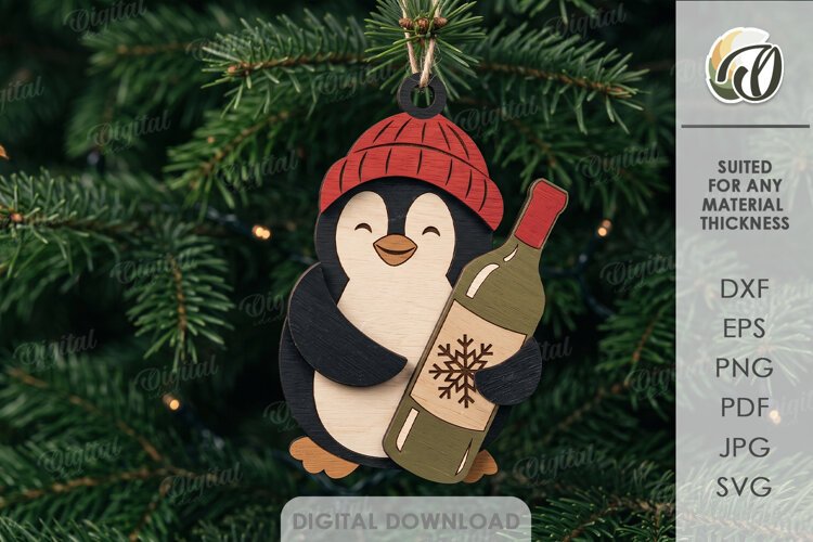 Wine Lover Christmas Ornament Laser Cut. Penguin SVG example image 1