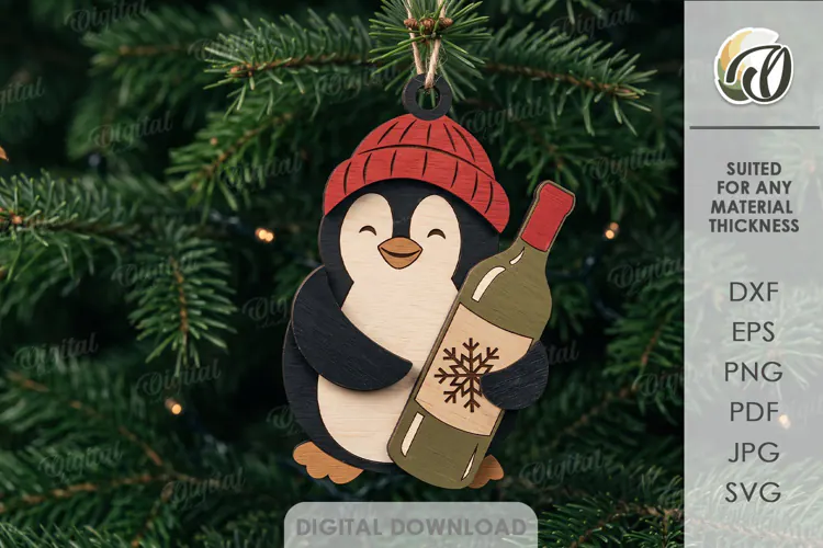 Wine Lover Christmas Ornament Laser Cut. Penguin SVG