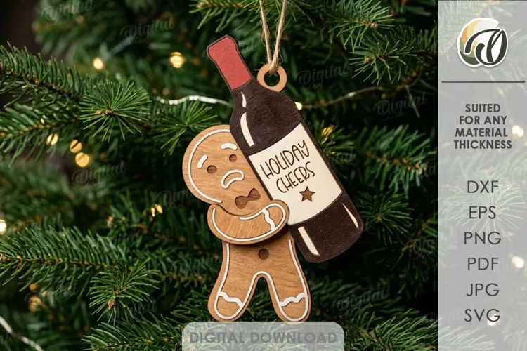 Wine Lover Christmas Ornament Laser Cut. Gingerbread SVG