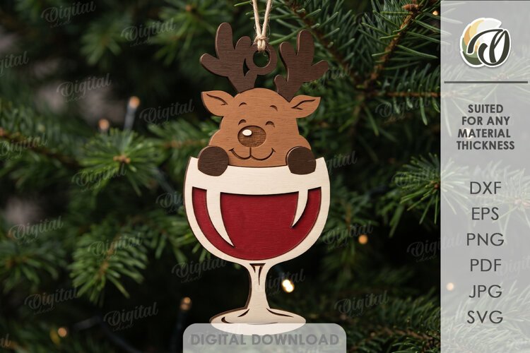 Wine Lover Christmas Ornament Laser Cut. Reindeer SVG example image 1