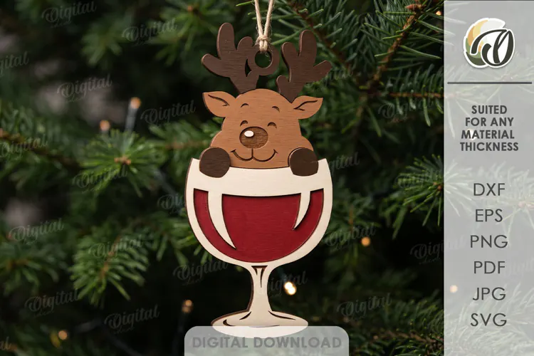 Wine Lover Christmas Ornament Laser Cut. Reindeer SVG
