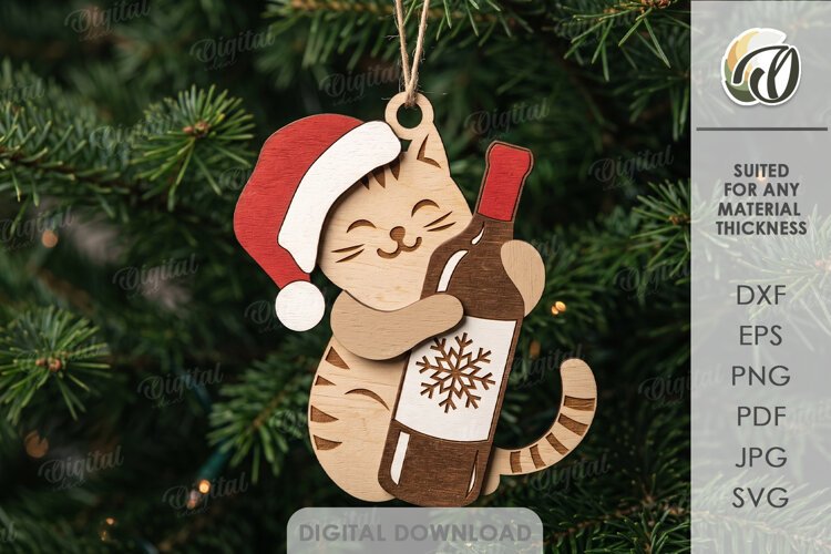 Wine Lover Christmas Ornament Laser Cut. Cat SVG example image 1