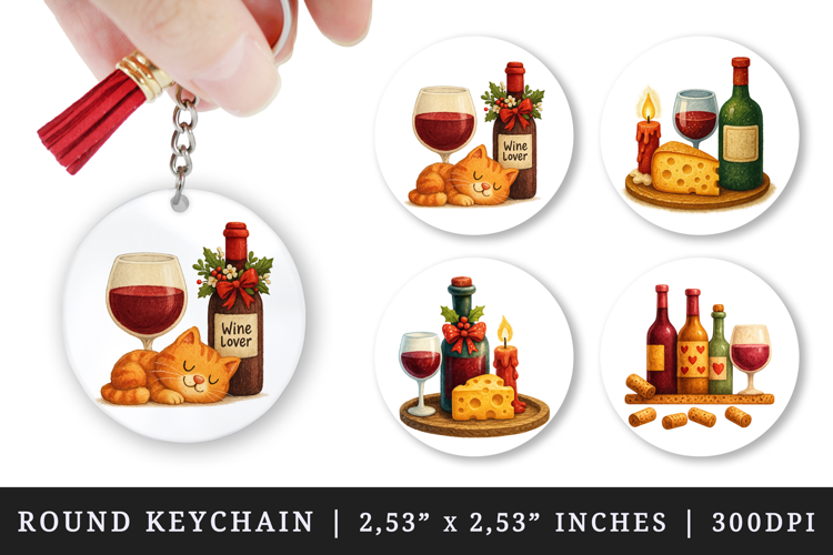 Wine Lover round keychain pintable sublimation design png