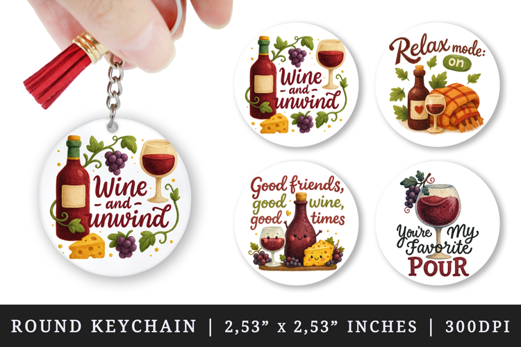 Wine Lover round keychain pintable sublimation design png