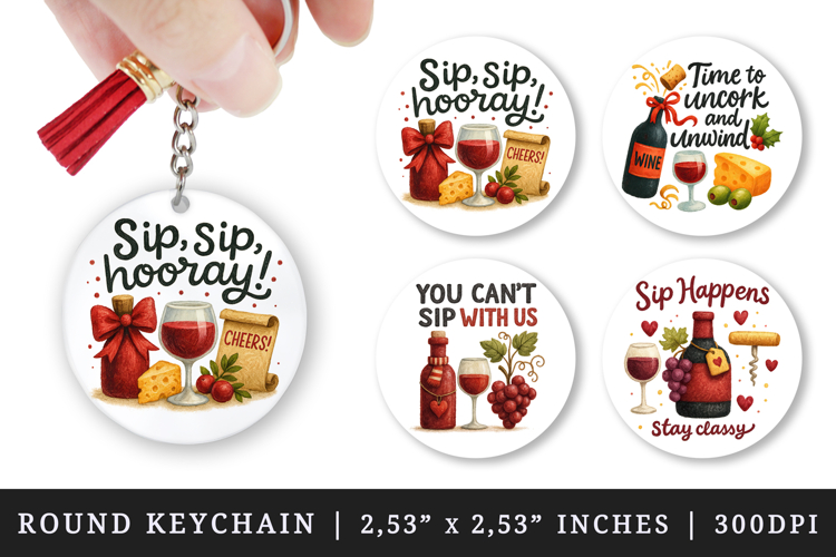 Wine Lover round keychain pintable sublimation design png