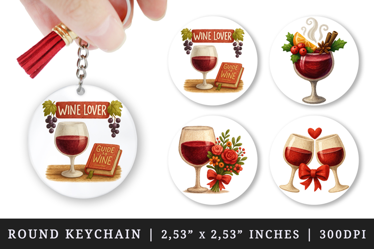Wine Lover round keychain pintable sublimation design png