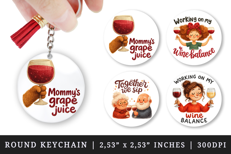 Wine Lover round keychain pintable sublimation design png