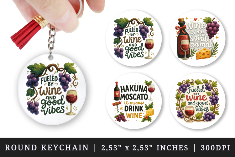 Wine Lover round keychain pintable sublimation design png