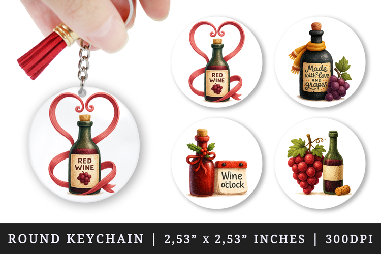 Wine Lover round keychain pintable sublimation design png