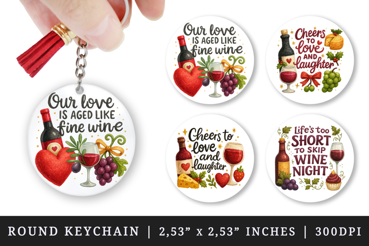 Wine Lover round keychain pintable sublimation design png