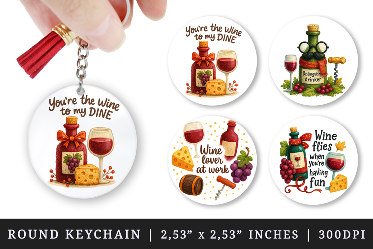 Wine Lover round keychain pintable sublimation design png