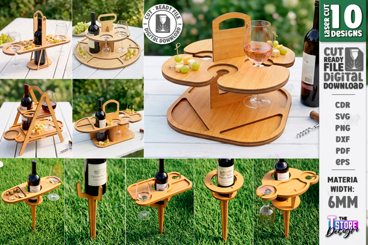 Portable Wine Picnic Table Laser Cut Bundle | Outdoor Tray