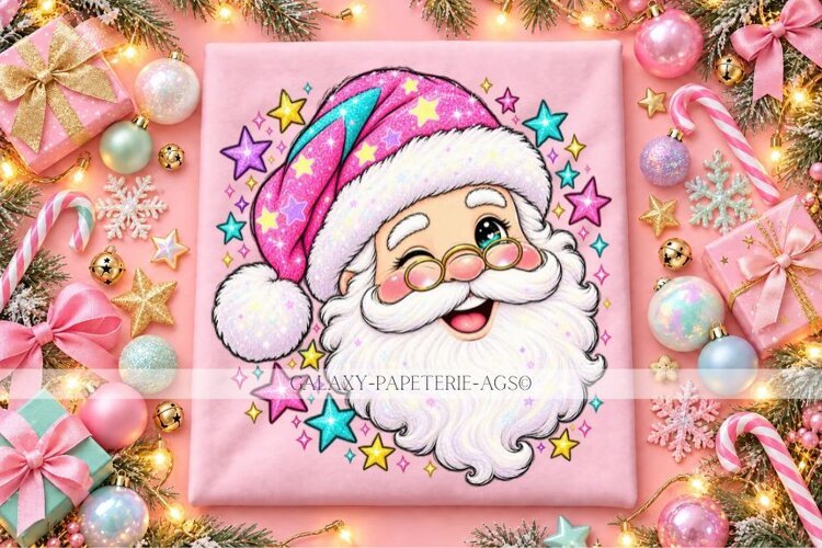 Winking Santa Face PNG with Glasses and Pink Star Hat example image 1