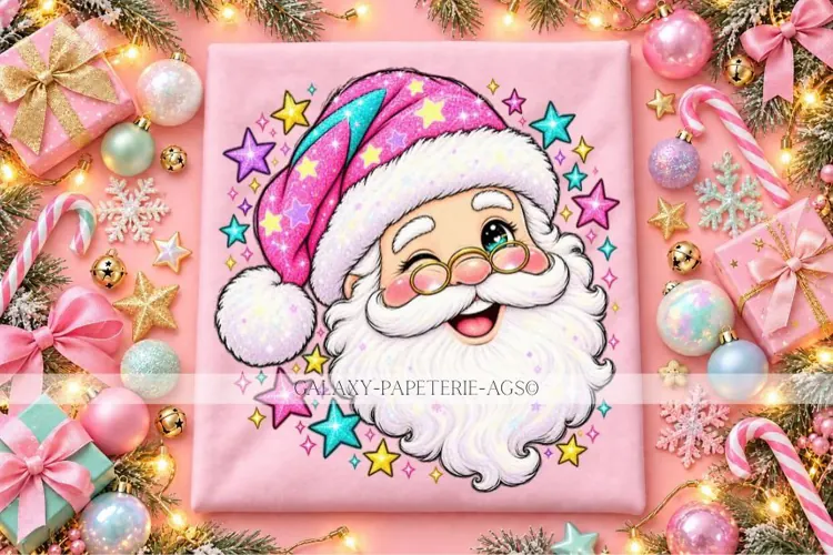 Winking Santa Face PNG with Glasses and Pink Star Hat
