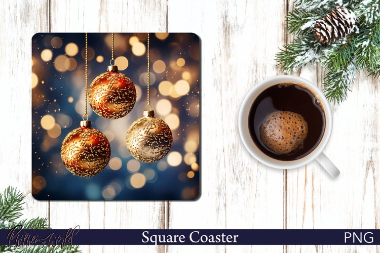 Gold Christmas Ball Square Coaster | Winter Holidays Design
