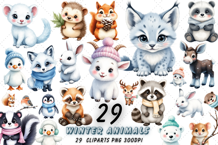 Winter Animals Watercolor Clipart Bundle, Arctic Animals PNG