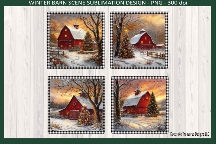 Winter Barn Scene, Square Coaster Template, Sublimation Png