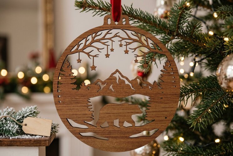 Forest Bear Christmas Ornament SVG, Glowforge Cut Design example image 1