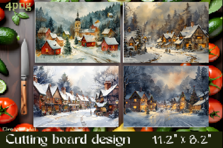 Vintage winter Snow town Cutting Board PNG Design