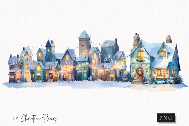 Watercolor Winter Village Clipart | Christmas PNG example image 1