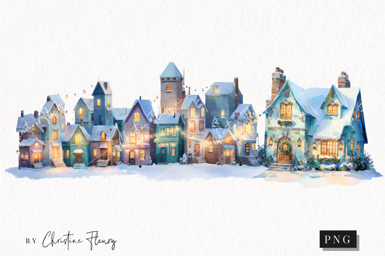 Watercolor Winter Village Clipart | Christmas PNG