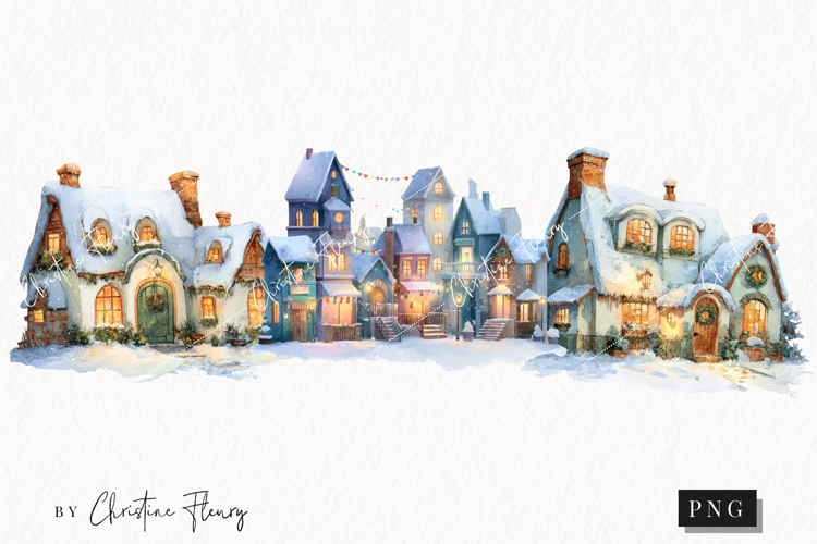 Watercolor Winter Village Clipart | Christmas PNG