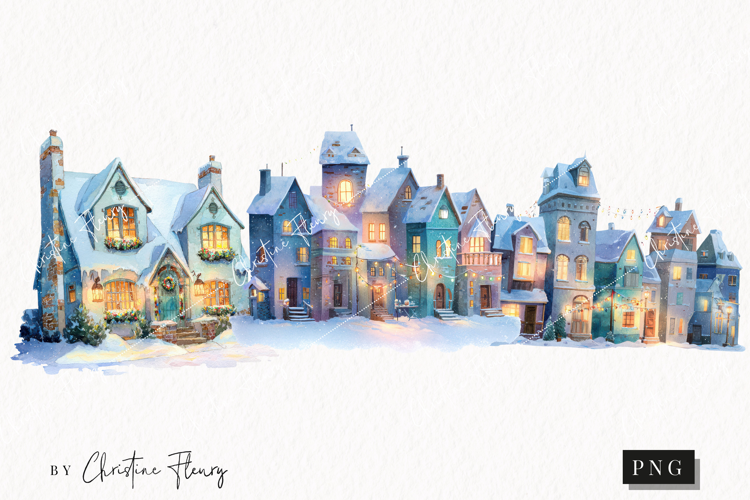 Watercolor Winter Village Clipart | Christmas PNG