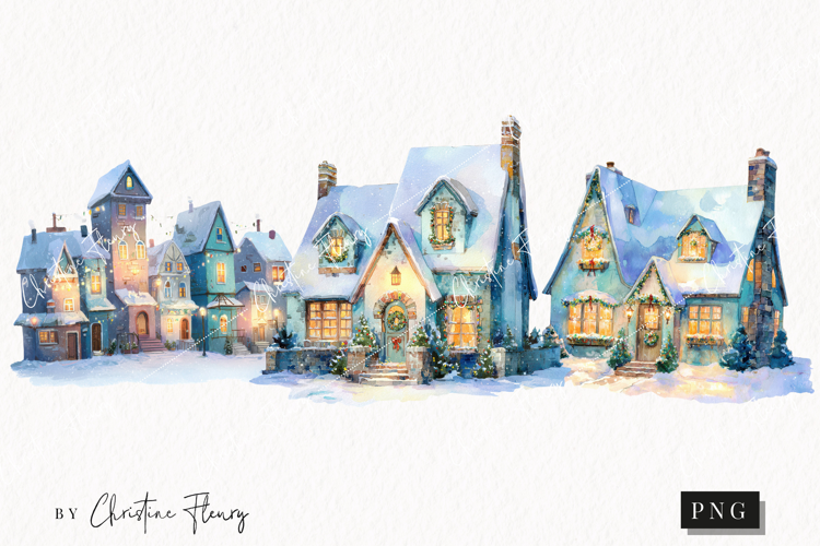 Watercolor Winter Village Clipart | Christmas PNG
