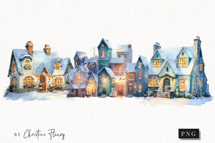 Watercolor Winter Village Clipart | Christmas PNG example image 1