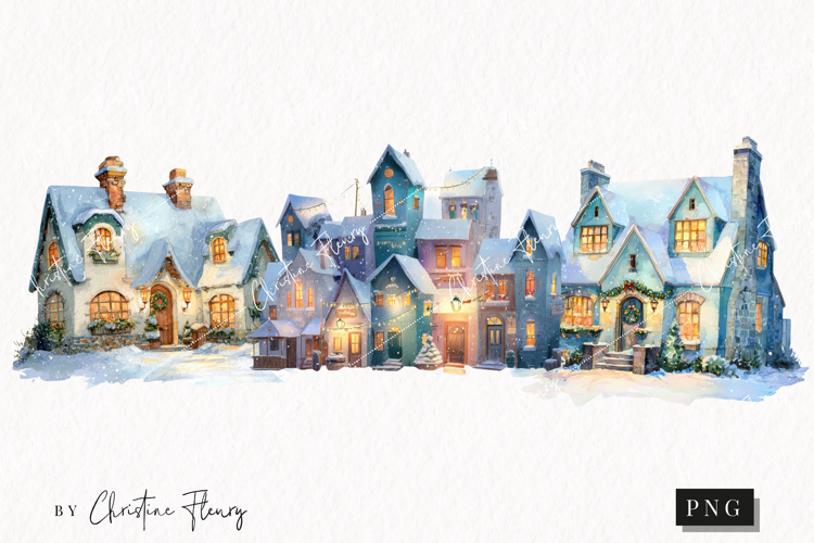 Watercolor Winter Village Clipart | Christmas PNG