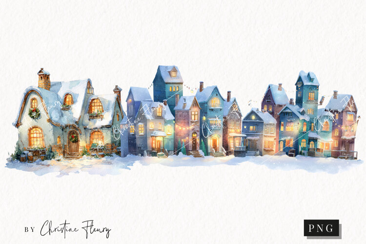 Watercolor Winter Village Clipart | Christmas PNG example image 1