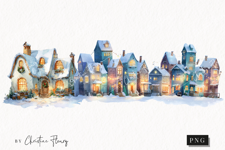Watercolor Winter Village Clipart | Christmas PNG