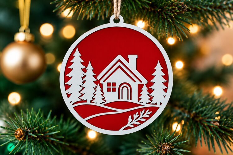 Winter Cabin and Pine Tree Ornament SVG example image 1