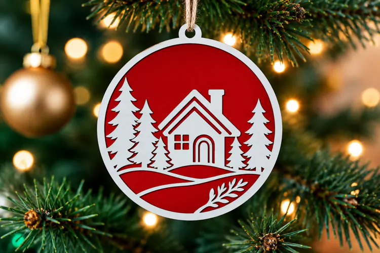 Winter Cabin and Pine Tree Ornament SVG
