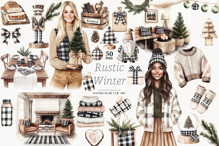 Winter Cabin Clipart | Rustic Christmas PNG | Farmhouse