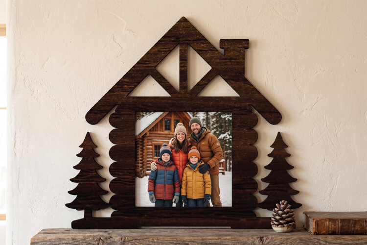 Winter Cabin Family Photo Frame Laser SVG, Cabin Laser Cut example image 1